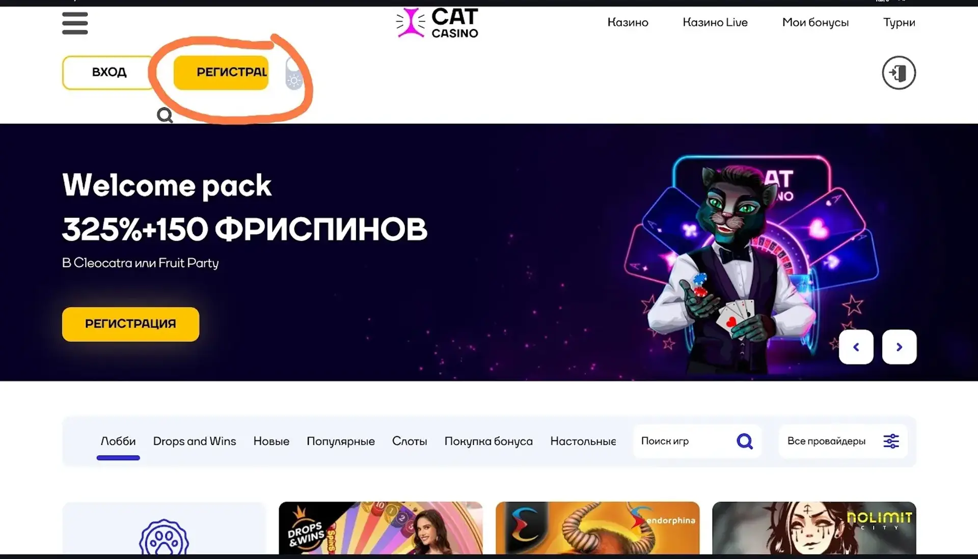Скриншот главной страницы Cat Casino